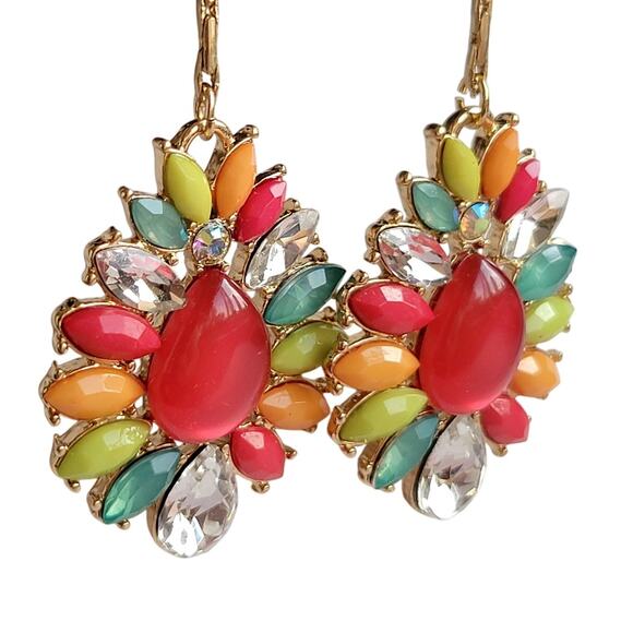 Gold Tone Drop Earrings Multicolor Resin Stones 2.75" Long Rhinestone, Gift Bag - Picture 11 of 13